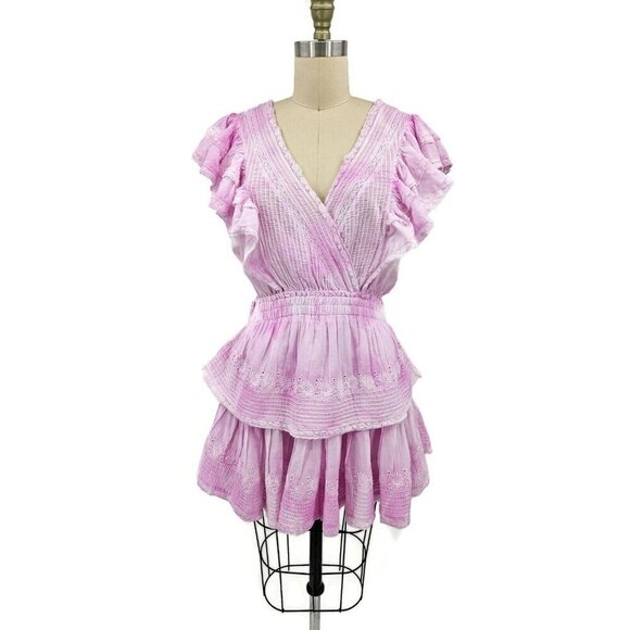 NWOT LoveShackFancy Gwen Mini Dress Womens M Peony Pink Tie Dye Ruffle - Picture 2 of 10